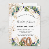 60th誕生日ユーカリ緑のグリッター エレガント 招待状 (正面/裏面)
