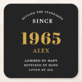 60th誕生日名1965ブラック金ゴールドシック スクエアペーパーコースター (正面)