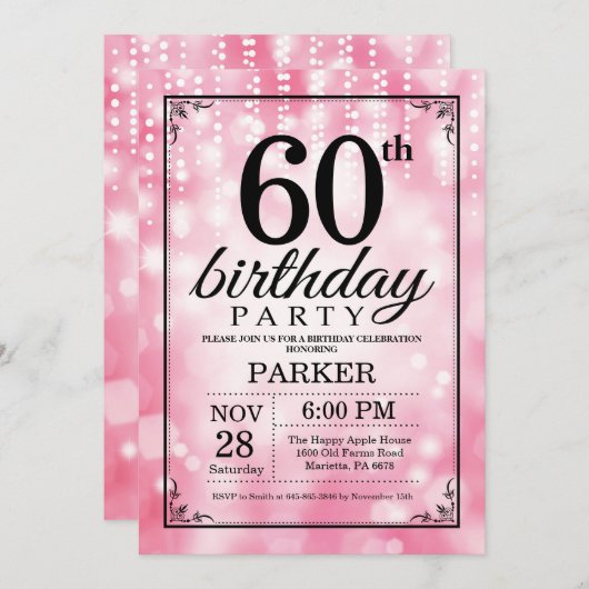 60th誕生日招待状ピンクグリッター 招待状 (正面/裏面)