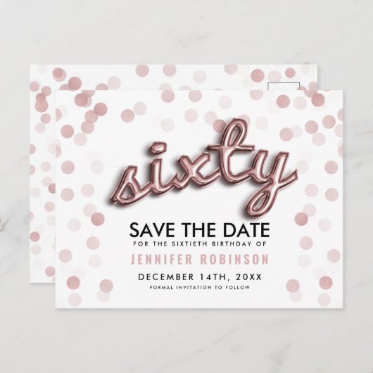 60TH誕生日日付の保存バラ金ゴールドバルーン 案内ポストカード (正面/裏面)