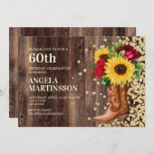 60th誕生日素朴ブーツサンフラワーレッドローズ 招待状 (正面/裏面)