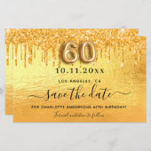 60th誕生日金ゴールドグリッター日付カードを保存 (正面/裏面)