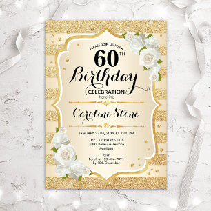 60th誕生日金ゴールドストライプズホワイトローズ 招待状
