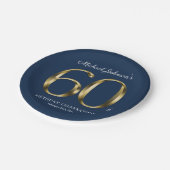 60th誕生日金ゴールドタイポグラフィネイビーブルーカスタム ペーパープレート (アングル)