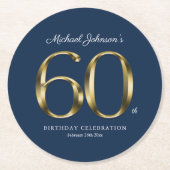 60th誕生日金ゴールドタイポグラフィネイビーブルーカスタム ラウンドペーパーコースター (正面)