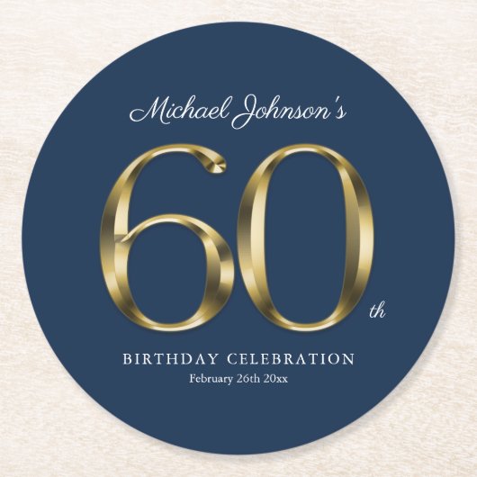 60th誕生日金ゴールドタイポグラフィネイビーブルーカスタム ラウンドペーパーコースター (正面)