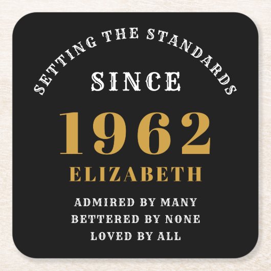 60th誕生日1962黒エレガント金ゴールドシック スクエアペーパーコースター (正面)