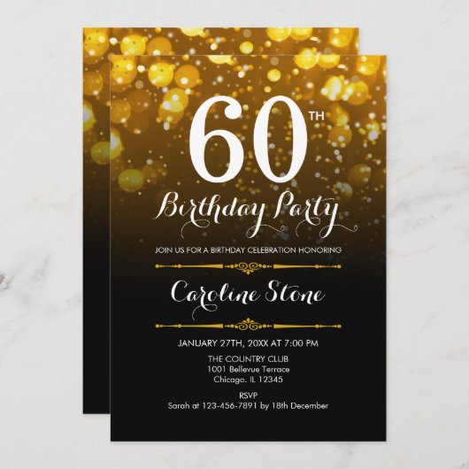 60th誕生日-白黒金ゴールド 招待状 (正面/裏面)