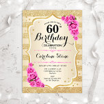60th誕生日-金ゴールドスストライプピンクローズ招待状 招待状<br><div class="desc">60誕生日招待状。デザインエレガント金ゴールドとピンク。機能フェイクグリッターストライプ金ゴールド、ピンクのバラスタイリッシュスのスクリプトフォントと紙吹雪。グラム誕生日パーティーに最適。</div>