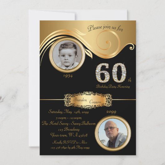60th,誕生日マン60th，アエレガントートデコ，黒金ゴールド 招待状 (正面)
