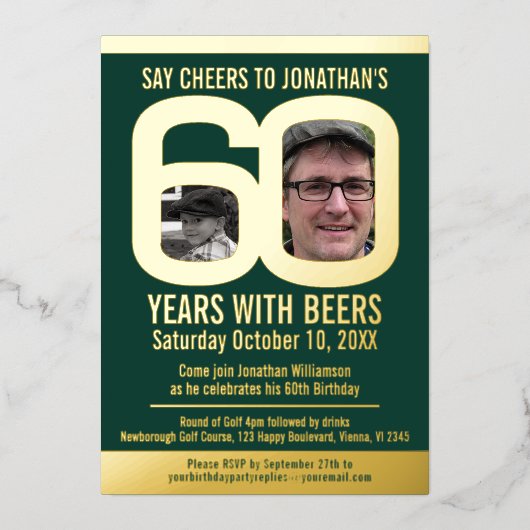 60th Birthdayパーティーのゴルフビール緑の金ゴールド写真 箔招待状 (正面)