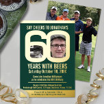 60th Birthdayパーティーのゴルフビール緑の金ゴールド写真 箔招待状<br><div class="desc">シンプルグラフィックはっきりしたビアーダークグリーンと金ゴールドフォイルまたは独自のフォイルカラー写真テンプレート60th golfing birthday party invitationで応援を言う。自分の誕生日パーティーのイベント詳細と、6と60の中の0と反対に1枚のフルブリードアウト写真の中央にあなたの誕生日の男の子または女の子の写真を使用して、このマイルストーンの誕生日の招待状をパーソナライズする。ゴルフや飲み物のラウンドに友人を招待するのに最適。その他の年の色と一致するアイテムが利用可能。©オリジナルデザインby Sarah Trett for www.mylittleeden.com on Zazzle.</div>