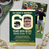 60th Birthdayパーティーのゴルフビール緑の金ゴールド写真 箔招待状