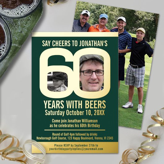 60th Birthdayパーティーのゴルフビール緑の金ゴールド写真 箔招待状