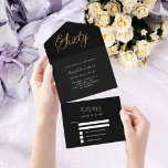 60th birthdayブラック金ゴールドスクリプトrsvp オールインワン招待状<br><div class="desc">黒い背景飾と60人と大き書い金ゴールドのフォントフェイク。名前、パーティー詳細、RSVP日付、差出人住所、名前をパーソナライズおよび追加。</div>