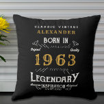 60th Birthday 1963 Add Name Black Gold Legend クッション<br><div class="desc">For those celebrating their birthday we have the ideal home decoration accessory. The black background with a white and gold vintage typography design design is simple and yet elegant with a retro feel. Easily customize the text of this birthday gift using the template provided. More gifts and party supplies available...</div>