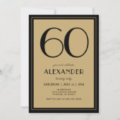 60th Birthday Adult Black and Gold Modern Minimal  招待状 (正面)