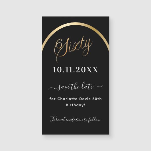 60th birthday black金ゴールドSave the Date magnet (正面)