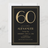 60th Birthday Black and Gold Modern Minimal Adult 招待状 (正面)