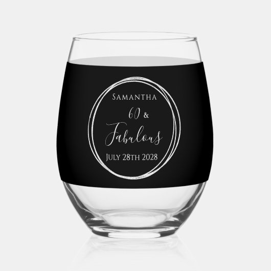 60th Birthday Black Silver Personalized Party ステムなしワイングラス (正面)