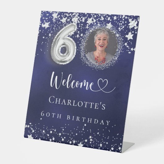 60th Birthday blue silver stars photo welcome 台座サイン (正面)