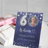 60th Birthday blue silver stars photo welcome 台座サイン