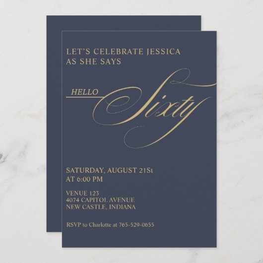 60th Birthday Caligraphy Modern Elegant 招待状 (正面/裏面)