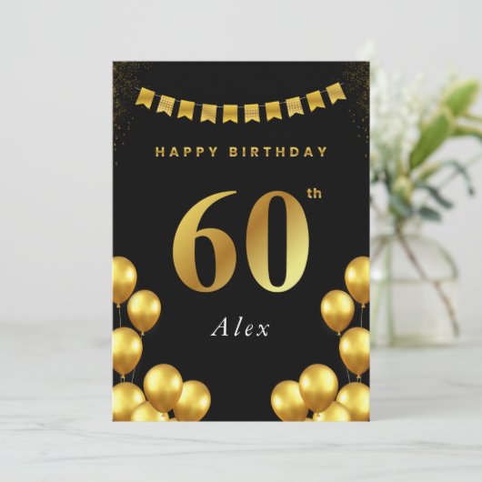 60th Birthday Card Black and Gold Balloons カード (スタンド正面)