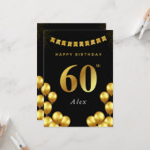 60th Birthday Card Black and Gold Balloons カード (正面/裏面インサイチュ)
