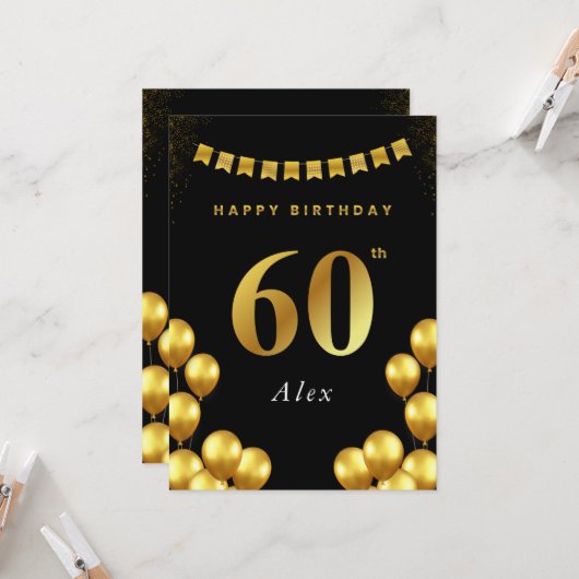 60th Birthday Card Black and Gold Balloons カード (正面/裏面インサイチュ)
