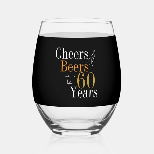 60th Birthday Cheers Beers Black Gold ステムなしワイングラス (正面)
