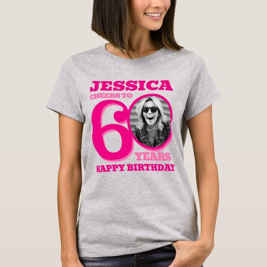 60th Birthday doubled sided photo name pink text Tシャツ (正面)