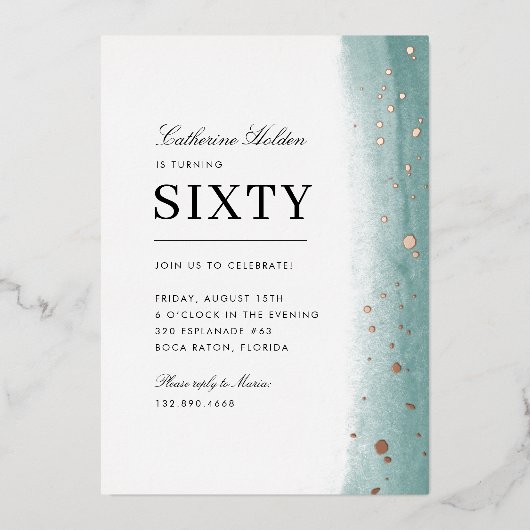 60th Birthday Elegant Green Brush Stroke  箔招待状 (正面)