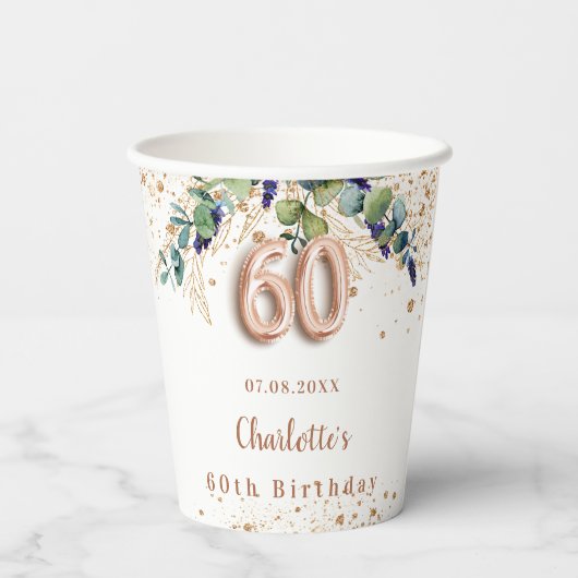 60th birthday eucalyptus greeneryグリッター名 紙コップ (裏面)