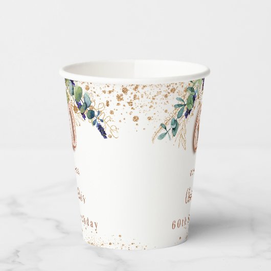 60th birthday eucalyptus greeneryグリッター名 紙コップ (左)