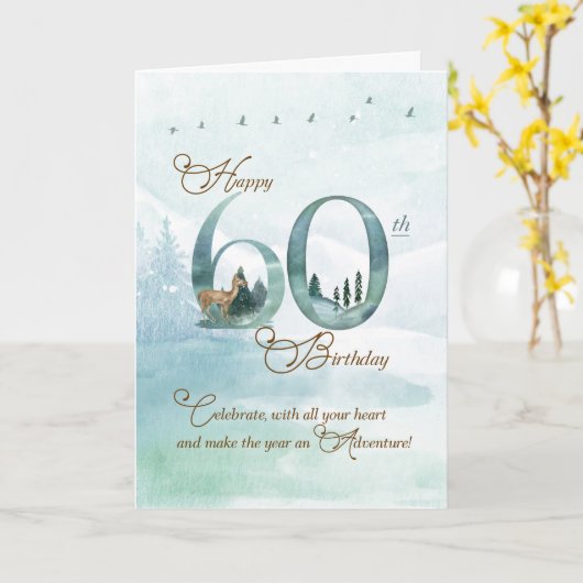 60th Birthday Evergreen Pines and Deer Nature カード (黄色い花)