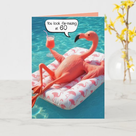 60th Birthday Flamingo Floating In a Pool カード (黄色い花)