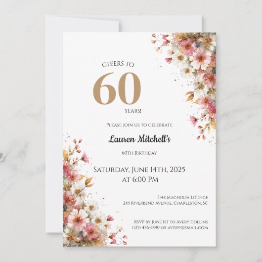 60th Birthday Invitation Elegant Gold Floral Style 招待状 (正面)
