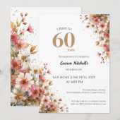 60th Birthday Invitation Elegant Gold Floral Style 招待状 (正面/裏面)