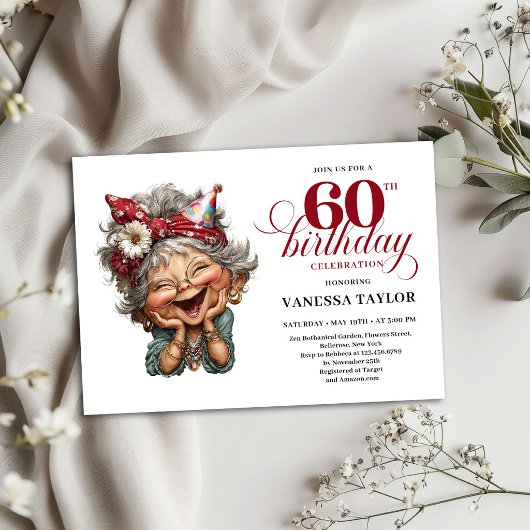 60th Birthday Invitation Funny Old Woman Design 招待状