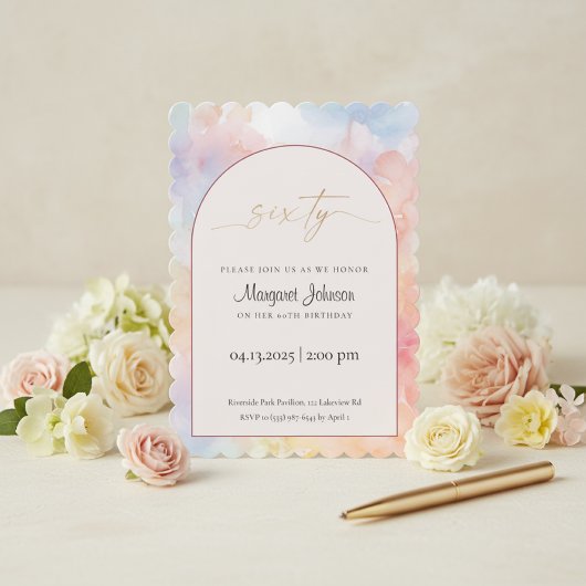 60th Birthday Invitation | Pastel Watercolor Gold  招待状