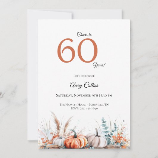 60th Birthday Invitation Pumpkin Floral Fall 招待状 (正面)