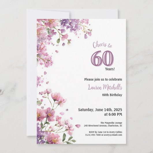 60th Birthday Invitation Purple Floral Elegant 招待状 (正面)