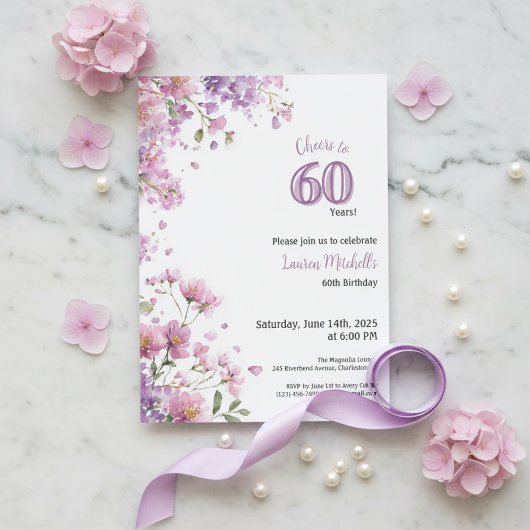 60th Birthday Invitation Purple Floral Elegant 招待状