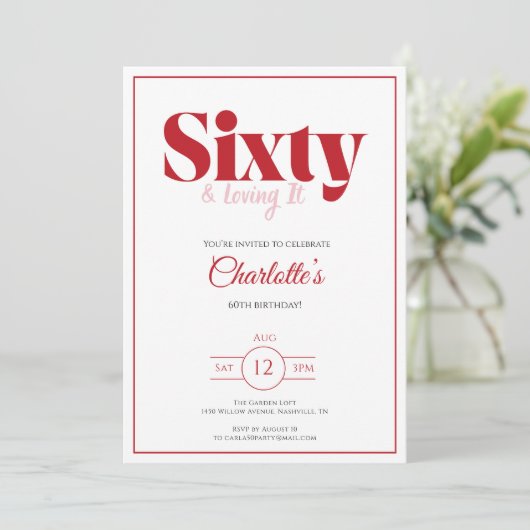 60th Birthday Invitation Red Elegant Typography 招待状 (スタンド正面)