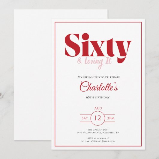 60th Birthday Invitation Red Elegant Typography 招待状 (正面/裏面)