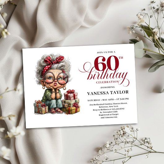 60th Birthday Invite Funny Quirky Old Lady Theme 招待状