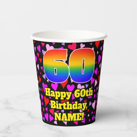 60th Birthday: Loving Hearts Pattern, Rainbow 60 紙コップ (裏面)