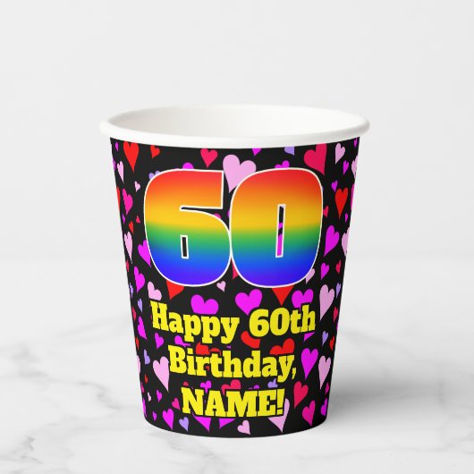 60th Birthday: Loving Hearts Pattern, Rainbow 60 紙コップ (正面)