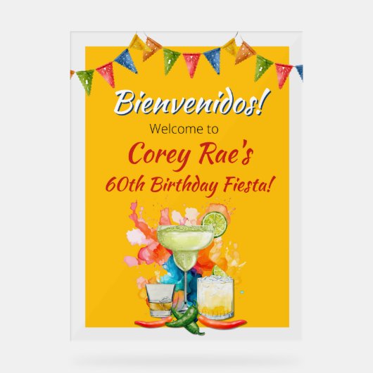 60th Birthday Mexican Fiesta Bienvenidos Welcome アクリルサイン (正面)